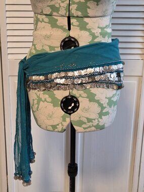 Blue Egyptian Assuit Hip Scarf with Silver Coins